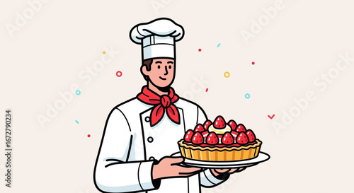 Chef Presenting Delicious Fruit Tart, Adorned With Fresh Strawberries, Prepared With Skill.