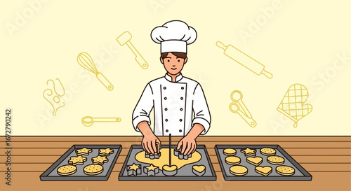 Chef Baking Various Cookie Shapes on Trays with Culinary Tools Background in Kitchen