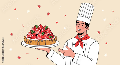 Chef Presenting Delicious Strawberry Tart Dessert Illustration Perfect For Culinary And Sweet Themes