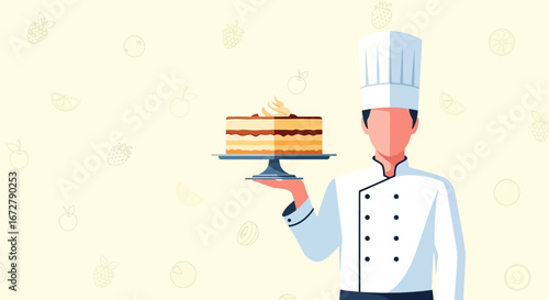Chef Presenting Delightful Cake, Culinary Profession And Pastry Presentation For Stock