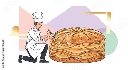 Chef Brushing Tasty Pastry With Glaze Preparing Delicious Dessert Illustration