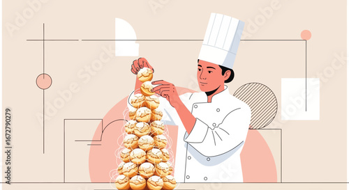Chef Carefully Arranges Delicate Pastries Into a Tower, Expertly Crafting a Culinary Delight