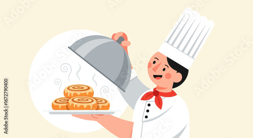 Chef Presenting Freshly Baked Cinnamon Rolls: Delightful Bakery Treats Illustration
