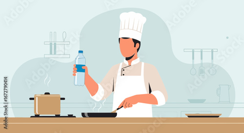 Chef Cooking Vector Illustrative Artwork Depicting Cooking Utensils and Healthy Food Preparation