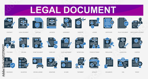 Legal Document color Icons set. Vector illustration.Contract, Legal Document, Case File, Law Book, Agreement, Passport, License, Certificate, Policy Document, Employment Contract. Vector illustration