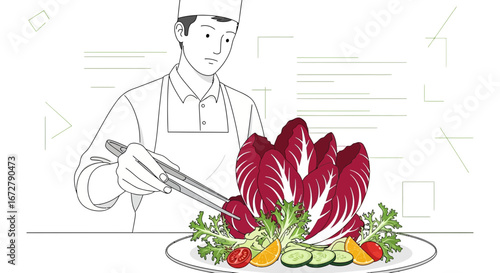 Chef Crafting A Fresh Salad Illustration Depicting Culinary Preparation And Gourmet Aesthetics