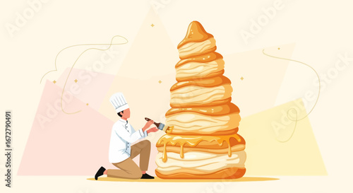Chef Crafting a Towering Pastry Creation with Exquisite Glaze and Artistic Flair