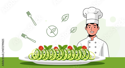Chef Presents a Vibrant Salad Dish with Fresh Ingredients and Garnishes Beautifully