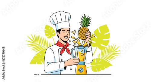 Chef Crafting Tropical Pineapple Smoothie Illustrated In Bright, Modern Flat Vector Style