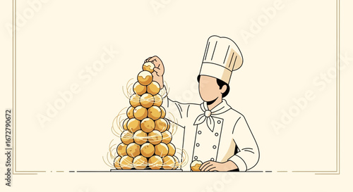 Chef Creating Delicious Cream Puffs Tower, Elegant Pastry Art, Culinary Delight Illustration