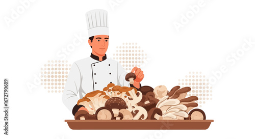 Chef Presents Variety Of Fresh Mushrooms Ready For Gourmet Dish Preparation