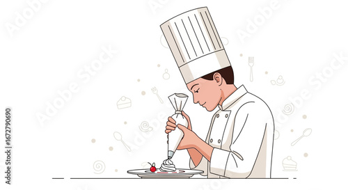 Chef Decorates a Dessert with Precision, Artistic Culinary Creations in a Minimalist Style