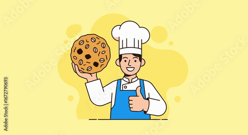 Chef Proudly Presenting a Delicious Giant Cookie with a Thumbs Up Gesture