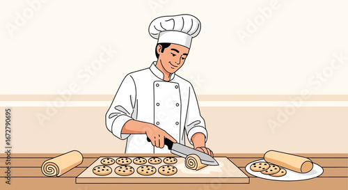 Chef Cutting Dough Preparing Cookies, Illustrating Culinary Craftsmanship And Food Preparation