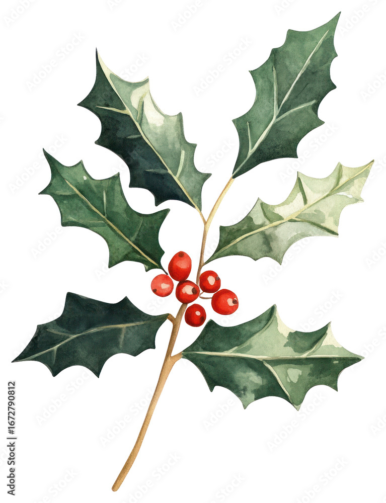 Fototapeta premium PNG Christmas holly illustration watercolor leaves.