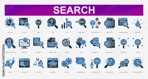 Search color Icons set. Vector illustration. Explore, Locate, Seek, Find, SEO, Search Bar, Investigation, Inspection, Search Online, Look For. Vector illustration	