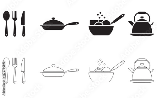 Kitchen Utensils and Cookware Black and White Line Art Culinary Design Modern Kitchen and Dining Aesthetics Vector Graphics