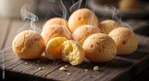Traditional Brazilian Pão de Queijo on a Rustic Wooden Board.
