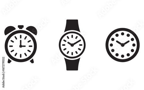 A Trio of Timepieces Representing Different Styles Clocks and Watches from Vintage Alarm to Modern Wristwatch and Simple Wall Clock
