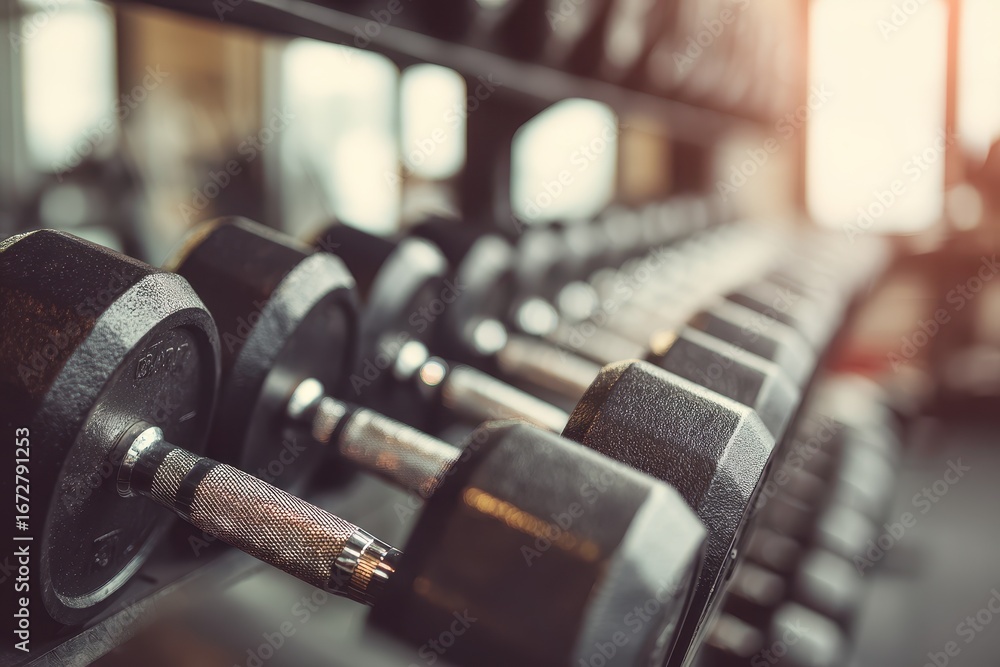 Naklejka premium Dumbbell racks in a gym blurred effect