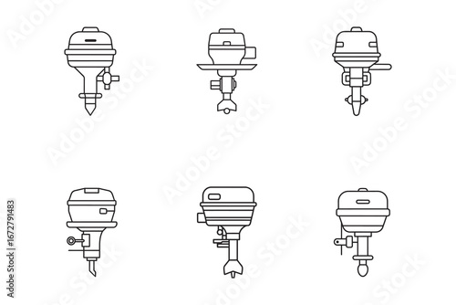 Outboard Motor Outline Icons Collection Boat Engine Design Vector Art Outboard Marine Propulsion System Isolated on White Background