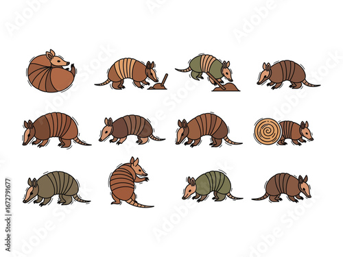 Armadillo Illustration: A series of illustrated armadillo in different poses and activities, presented as a collection of playful animal illustrations, with a focus on diversity.