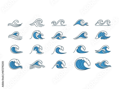 Ocean Waves Graphic Set: A curated collection of dynamically illustrated ocean waves. Each wave showcases a distinct shape, conveying the powerful and graceful nature of the sea in its entirety.