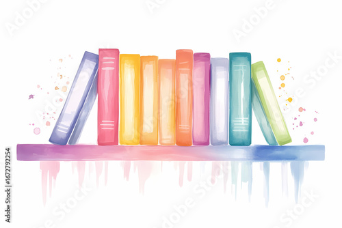 A watercolor painting of a rainbow-colored book collection on a shelf.  The vibrant hues and artistic style create a whimsical, cheerful mood.