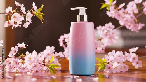 Pink and Blue Bottle with Cherry Blossoms on Wooden Surface Video