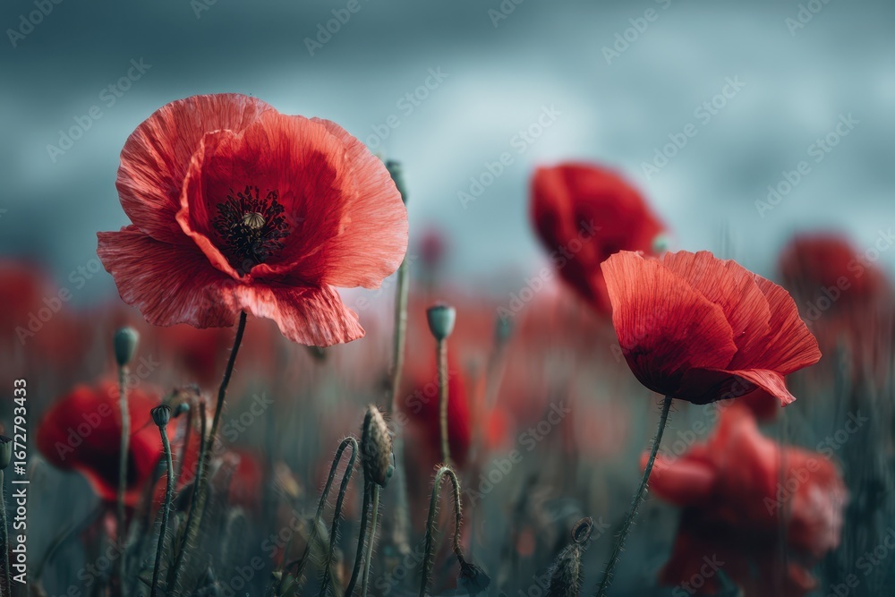 Obraz premium Field with red poppies in front