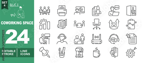 Coworking line icon set. Exclusive Coworking line icon collection. Containing meeting, printer, video, rocket, laptop, exit, gear, newspaper, meeting, chair, growth, report, worker. Editable stroke