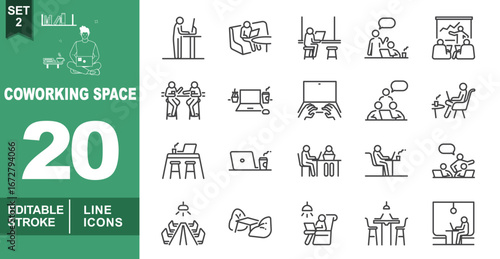 Coworking line icon set. Exclusive Coworking line icon collection. Containing person, person, person, person, person, people, laptop, hands, people, person, desk, laptop, people. Editable stroke