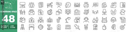 Coworking line icon set. Exclusive Coworking line icon collection. Containing monitor, people, document, desk, feedback, clock, meeting, printer, video, rocket, laptop, exit, chair. Editable stroke