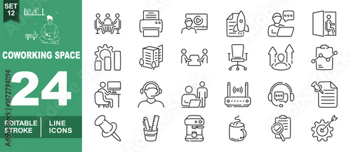 Coworking line icon set. Exclusive Coworking line icon collection. Containing note, marker, machine, books, wifi, server, folder, box, clipboard, house, bookshelf, chair, formula. Editable stroke