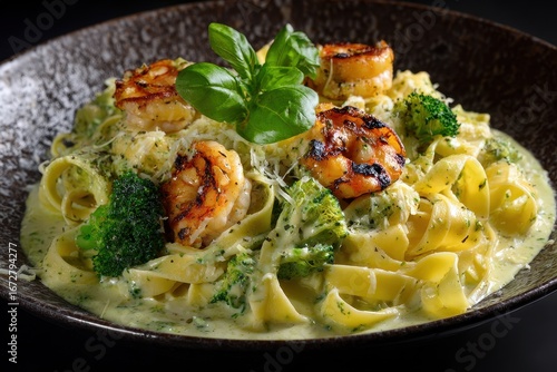 Genuine fettuccine alfredo with grilled shrimp and broccoli