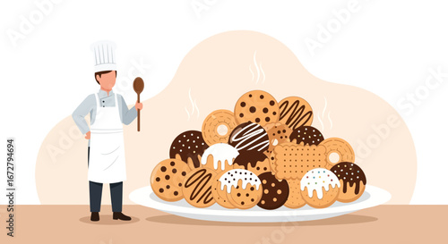 Chef Proudly Presenting Variety Of Freshly Baked Cookies On A White Plate, Scrumptious Temptation