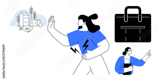 Woman rejecting food items including milk, cheese, fish, avoiding allergens while holding energy and focusing on business. Ideal for work-life balance, dietary preference, allergy awareness