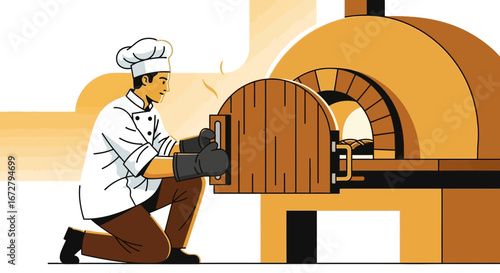 Chef Pulling Freshly Baked Bread From A Brick Oven in A Stylish Illustration