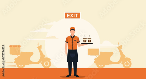 Coffee Delivery Employee At An Exit With Coffee And Fast And Efficient Delivery Service