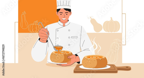 Chef Serving Pumpkin Soup In Bread Bowls, A Culinary Art Depicting Food Preparation
