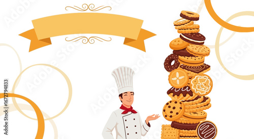 Chef Showcases a Tower of Delicious Cookies, Perfect for Culinary or Bakery Branding