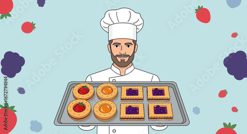 Chef Showcasing Assortment Of Sweet Baked Treats From Culinary Art Showcase