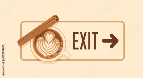 Coffee Exit Sign With Latte Art Cinnamon Adornment For Cafe Restaurant Decorative Design