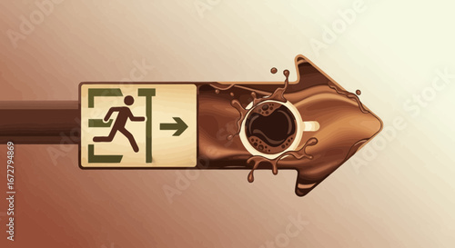 Coffee Exit Sign Illustration Depicting Speed, Direction, and Caffeine Infusion Journey