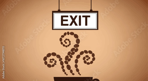 Coffee Exit Sign Creative Concept Featuring Coffee Beans Steam Aroma Art