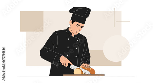 Chef Skillfully Slicing Freshly Baked Bread, Ready For Culinary Creations and Flavorful Dining