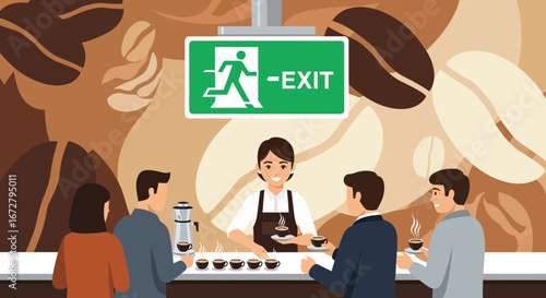Coffee Shop Scene Depicting Exit Sign, Barista, and Customers Enjoying Freshly Brewed Coffee