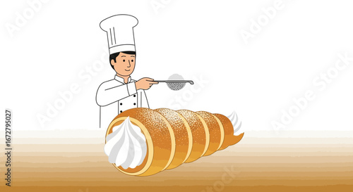 Chef Sprinkling Confectioners Sugar Over Pastry Horns and Cream Filling