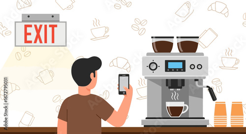 Coffee Shop With Modern Machine and Customer Exiting, Connected by Technology