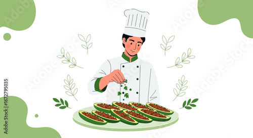 Chef Sprinkling Green Herbs on a Plate of Halved, Filled Avocados for a Delicious Meal